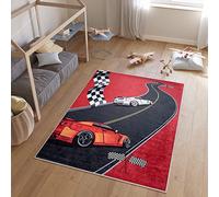 TAPISO Emma Alfombra Antideslizante de Habitación Infantil Juvenil Dormitorio de Niño Bebé Diseño Moderno Carretera Coches Rojo Negro Patrón Impreso Sin Pelo Suave 120 x 170 cm