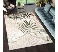 TAPISO Golden Alfombra de Pelo Corto Brillante Suave Moderna Hojas de Palmera Tropical Crema Beige Verde Alfombra de Salón Dormitorio Habitación Oeko-Tex 80 x 150 cm