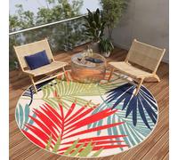 TAPISO Patio Redonda Alfombra de Pelo Corto Exterior Interior Resistente Moderna Efecto 3D Hojas de Palma Crema Azul Verde Alfombra de Salón Terraza Cocina Habitación Balcón Oeko-Tex 200 x 200 cm