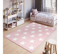 TAPISO Pinky Alfombra de Habitación Infantil Bebé Juvenil Alfombra para Niños Alfombra de Juegos Diseño Moderno Rosa Blanco Estrellas Pelo Corto Suave 140 x 200 cm
