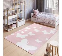 TAPISO Pinky Alfombra de Habitación Infantil Bebé Juvenil Alfombra para Niños Alfombra de Juegos Diseño Moderno Rosa Blanco Mariposas Pelo Corto Suave 200 x 300 cm