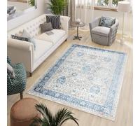 TAPISO Valley Alfombra de Pelo Corto Brillante Suave Diseño Clásico Vintage Tradicional Azul Gris Crema Beige Alfombra de Salón Dormitorio Habitación Oeko-Tex 140 x 200 cm