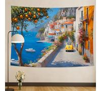 Tapiz amarillo de frutas de la costa mediterránea, vintage de pueblo junto al mar, para colgar en la pared, tapices escénicos para dormitorio, sala de estar, dormitorio, 178 x 229 cm