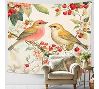 Tapiz amarillo melocotón con pájaros y bayas, para colgar en la pared, diseño floral de naturaleza, tapices estéticos de primavera para dormitorio, sala de estar, decoración acogedora, 152 x 101 cm