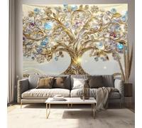 Tapiz Árbol Vida 100x75 cm Tapiz de Pared Aesthetic Arte Abstracto De Piedras Preciosas Decorativo de Pared Arte Mural en Tela para Sala de Estar, Colcha, habitación, Dormitorio - Amarillo Dorado