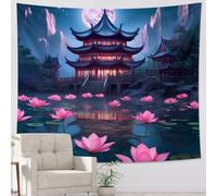 Tapiz artístico de una pieza con diseño de flores, pabellón antiguo chino, hermoso lago y luna, ambiente de ensueño, azul, rosa, poliéster, telón de fondo decorativo, para oficina, cabecera, club, bar