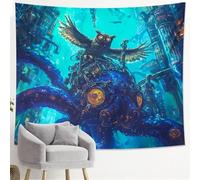 Tapiz azul de búho y pulpo, diseño de fantasía oceánica, para colgar en la pared, tapices singulares estéticos para sala de estar, dormitorio, 50 x 60 pulgadas