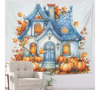 Tapiz azul de calabaza, decoración de otoño para colgar en la pared, diseño de casa de cuento de hadas para sala de estar, dormitorio, 40 x 60 pulgadas