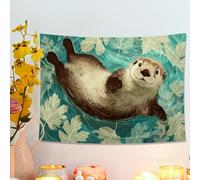 Tapiz azul de nutria fantástica, arte de pared de naturaleza acuática para sala de estar, dormitorio, dormitorio, decoración del hogar, 101 x 76 cm