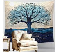 Tapiz azul del árbol de la vida, colgante de pared escénico natural para decoración bohemia del hogar, estética para sala de estar, dormitorio, arte de temporada, 203 x 152 cm