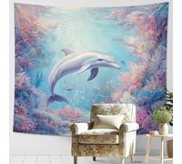 Tapiz azul océano delfín, arrecife de coral, vida marina, decoración náutica estética para sala de estar, dormitorio, playa, tapices relajantes, 152 x 127 cm