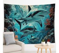 Tapiz azul océano tiburón, arrecife de coral para colgar en la pared, tapices estéticos para sala de estar, dormitorio, decoración de playa, 90 x 70 pulgadas