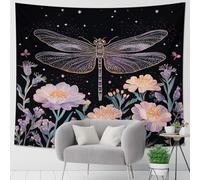 Tapiz bohemio con libélula y flores, para colgar en la pared, decoración estética para dormitorio, sala de estar, dormitorio, arte inspirado en la naturaleza para el hogar, 101 x 152 cm