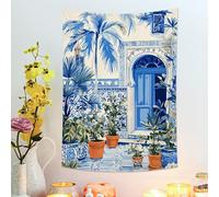 Tapiz botánico azul, plantas tropicales para colgar en la pared, arte decorativo para sala de estar, dormitorio, decoración estética del hogar, 76 x 101 cm