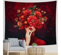Tapiz botánico de una pieza con diseño de flores, hojas divertidas, bonita niña, bonita estrella artística, cielo, rojo, verde, poliéster, decoración de telón de fondo para pared, sofá, oficina