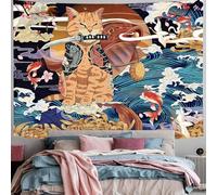 Tapiz Colgante De Pared Gato Samurái Estilo Japonés Ukiyo-E Olas Peces Luna Grulla Tapices De Pared Multiuso Colcha De Pícnic, Para Dormitorio, Salón, El Hogar, 150x200cm