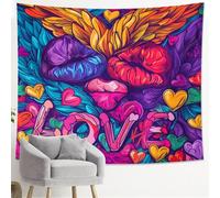 Tapiz colorido con forma de corazón y labios de amor, patrón de besos vibrante para colgar en la pared, decoración artística estética del hogar para sala de estar, dormitorio, 60 x 80 pulgadas