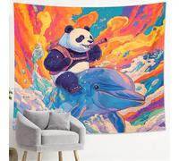 Tapiz colorido de panda y delfín, vibrante escena del océano, decoración estética divertida para dormitorio, sala de estar, habitación de los niños, accesorios singulares para el hogar, 152 x 203 cm