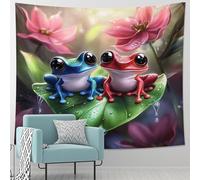 Tapiz colorido de ranas, decoración de pared de hojas naturales, bonita estética de animales para sala de estar, dormitorio, decoración vibrante del hogar, 101 x 152 cm