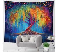 Tapiz colorido del árbol de la vida, vibrante arco iris para decoración de primavera, estética bohemia para el hogar, dormitorio, sala de estar, estudio, 101 x 152 cm