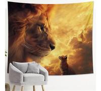 Tapiz con diseño de león y gatito, arte de animales con puesta de sol dorada, decoración inspiradora para sala de estar, dormitorio, regalo estético cálido, 50 x 60 pulgadas