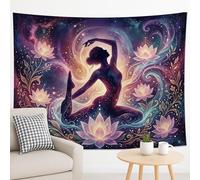 Tapiz cósmico de lirio de agua, colgante de pared floral violeta, decoración mística bohemia para sala de estar, dormitorio, espacio de yoga, 90 x 70 pulgadas