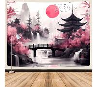 Tapiz de anime japonés, flores de cerezo japonés, cascada, sol, asiático, oriental, abstracto, tinta, tapiz de paisaje natural, para sala de estar, dormitorio universitario, 203 x 152 cm