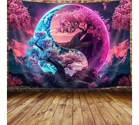 Tapiz de árbol de la vida Yin Yang - Coloridas flores rosas, sol y luna, arte para colgar en la pared, tapiz estético con paquete de montaje para dormitorio, meditación, decoración del hogar (vida de