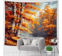 Tapiz de árboles de abedul otoñal, arte de pared, paisaje de bosque otoñal, paisaje natural, decoración para colgar en la habitación, para sala de estar, dormitorio, 101 x 152 cm