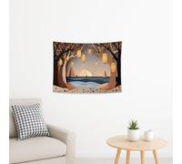 Tapiz de atardecer con diseño de océano otoñal, linternas y veleros para colgar en la pared, decoración estética de temporada para sala de estar, dormitorio, 48 x 36 pulgadas