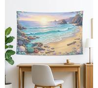 Tapiz de atardecer con océano, arte de pared de playa costera, decoración náutica para sala de estar, estética bohemia para habitación, decoración del hogar, 152 x 101 cm