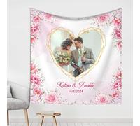 Tapiz de boda personalizado con foto de corazón, telón de fondo rosa con cita de boda, nombre de pareja, compromiso, matrimonio, cita, fiesta, boda, decoración romántica de boda para amantes, amigos,