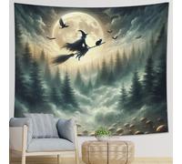 Tapiz de bruja de una pieza con diseño de pájaro mágico, bosque, seta, gato, luna, nube, cielo, gris claro, naranja, poliéster, telón de fondo decorativo, para pared, sala de estar, dormitorio