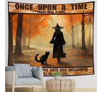 Tapiz de bruja de una pieza con paisaje callejero, elegante, hermoso, mujer, árbol, gato, póster de poliéster naranja y negro, telón de fondo decorativo para pared, sofá, oficina, dormitorio, cabecero