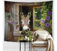Tapiz de burro en ventana, colgante de pared floral marrón y verde, decoración de animales para dormitorio rústico, sala de estar, estilo granja, detalles decorativos singulares, 60 x 50 pulgadas