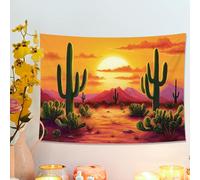 Tapiz de cactus con puesta de sol del desierto, colgante de pared amarillo y naranja, estética bohemia natural para sala de estar, dormitorio, decoración de dormitorio, 48 x 36 pulgadas