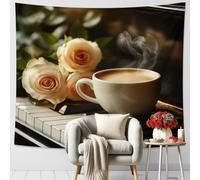 Tapiz de café y rosas, tapiz floral beige suave, decoración acogedora del hogar para sala de estar, dormitorio, tapices estéticos de otoño, 203 x 152 cm