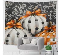 Tapiz de calabaza de lunares blancos y negros, lazo naranja decorativo para colgar en la pared, tapices de temporada para sala de estar, dormitorio, decoración del hogar de otoño, 101 x 152 cm