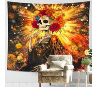Tapiz de calavera floral, colorido para colgar en la pared, decoración bohemia del Día de los Muertos para dormitorio, sala de estar, dormitorio, arte vibrante para decoración de pared, 152 x 101 cm