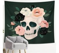 Tapiz de calavera y flores en blanco y negro, bohemio y elegante, decorativo para colgar en la pared, tapices grunge, estéticos para sala de estar, dormitorio, decoración del hogar, 101 x 152 cm