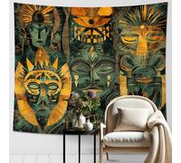 Tapiz de caras de espíritu africano, colgante de pared dorado y verde, decoración étnica del hogar para sala de estar, dormitorio, estética bohemia de 60 x 80 pulgadas