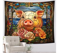 Tapiz de cerdo de vidrieras, multicolor floral decorativo para colgar en la pared, bonito diseño de animales para sala de estar, dormitorio, decoración del hogar, 101 x 152 cm