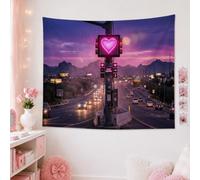 Tapiz de corazón, diseño urbano contemporáneo de semáforo, montañas, verano, violeta, grande, para dormitorio, apartamento, para colgar en la pared, 152 x 127 cm