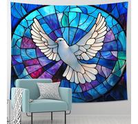 Tapiz de cristal coloreado con paloma azul, colorido para colgar en la pared con temas espirituales, decoración etérea del hogar para sala de estar, dormitorio, espacios de meditación, 101,6 x 152,4