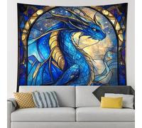 Tapiz de cristal coloreado de dragón azul, fantasía mística decorativa para colgar en la pared, estética bohemia para sala de estar, dormitorio, obra de arte singular de 40 x 60 pulgadas