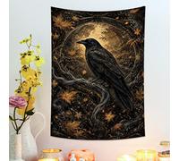Tapiz de cuervo negro y hojas de otoño, colgante de pared místico para decoración bohemia del hogar, tapices estéticos para sala de estar, dormitorio y celebraciones de temporada, 76 x 101 cm