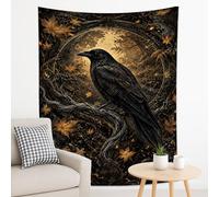 Tapiz de cuervo negro y hojas de otoño, colgante de pared místico para decoración bohemia del hogar, tapices estéticos para sala de estar, dormitorio y celebraciones de temporada, 178 x 229 cm