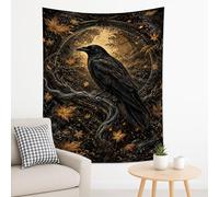 Tapiz de cuervo negro y hojas de otoño, colgante de pared místico para decoración bohemia del hogar, tapices estéticos para sala de estar, dormitorio y celebraciones de temporada, 152 x 203 cm