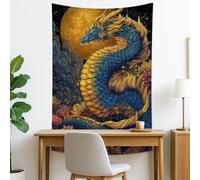 Tapiz de dragón azul y amarillo, colgante de pared floral para decoración bohemia, tapices míticos estéticos para sala de estar, dormitorio, 50 x 60 pulgadas