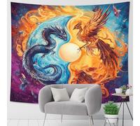 Tapiz de dragón y pájaro misterioso, colgante de pared bohemio azul y naranja, elementos míticos estéticos para sala de estar, dormitorio, decoración de festivales, 40 x 60 pulgadas